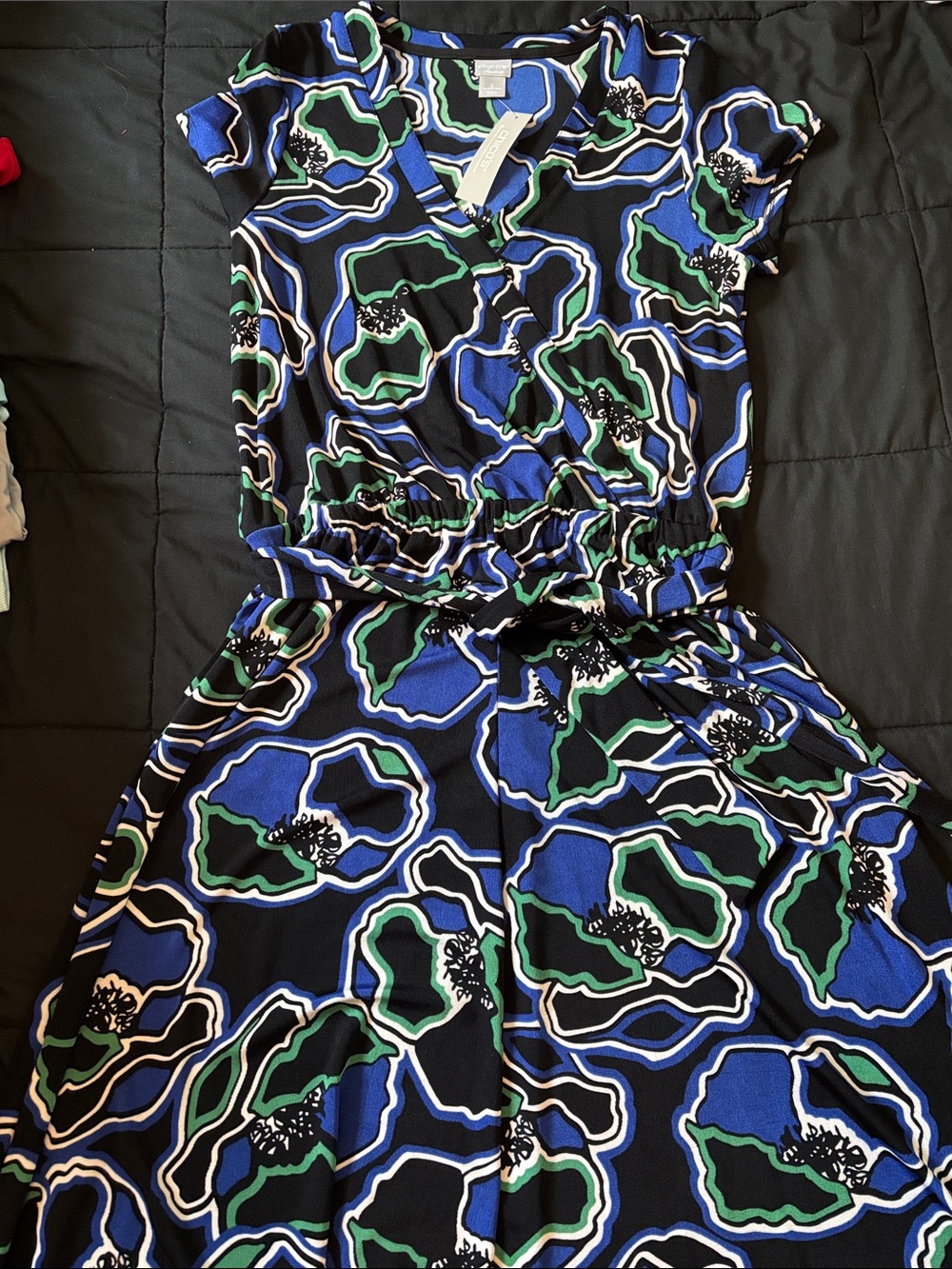 Chico’s 2 NWT Floral Print V-Neck Dress in Blue, Green & Black Belted & Pockets!